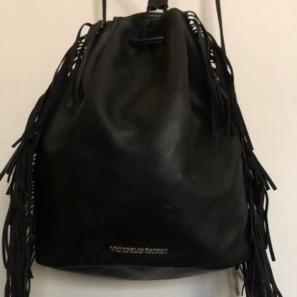 Victoria's Secret  Women’s Backpack With Fringe Pull String Faux Leather  Black - Picture 2 of 8